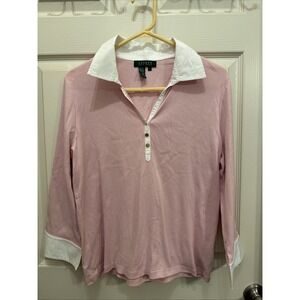 Lauren Ralph Lauren Pink 3/4 Sleeve Knit Top With White Collar/cuffs Size L